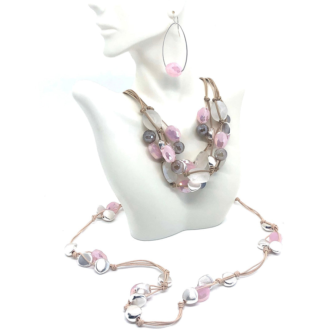 Matte White Crystal, Mocha Agate,And Pink Velvet Crystal With Matte Silver Nugget 3 Strand Torsade Style Natural Linen And Putty Leather Necklace.