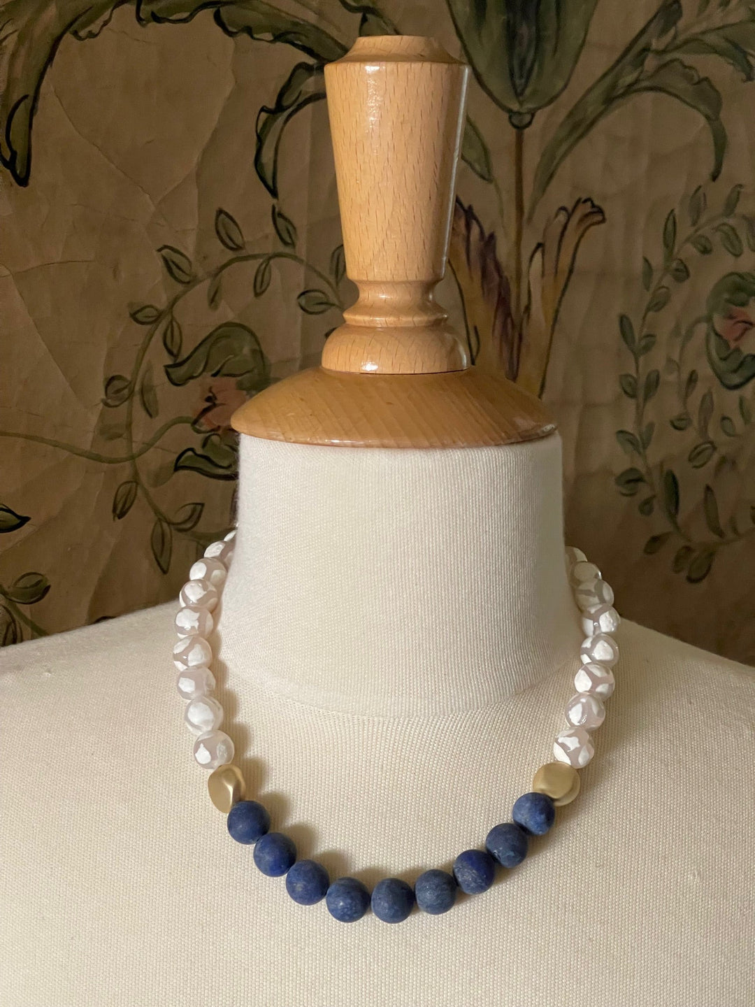 White Giraffe and Blue Lapis Beaded Necklace with Matte Gold Bead Accents