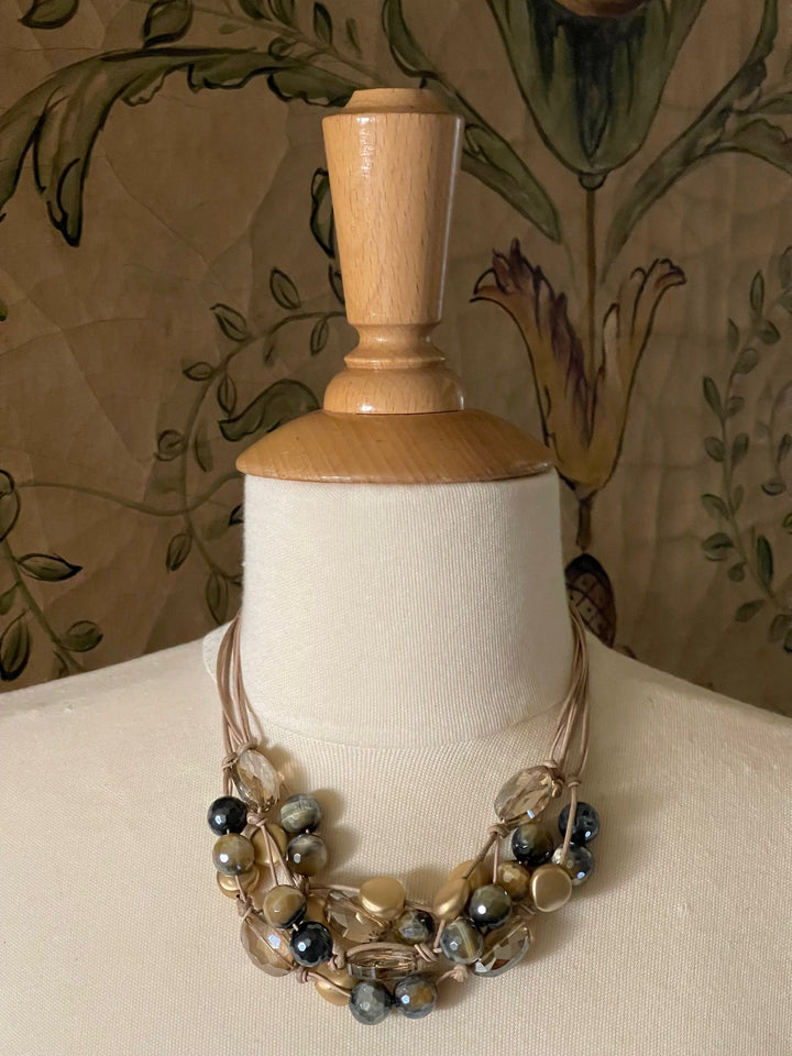 Blue Cream Tigers Eye and Champagne Crystal Torsade Necklace