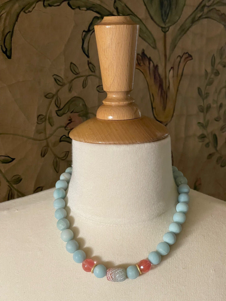 Amazonite and Watermelon Quartz with Fire Agate Center Beaded Necklace