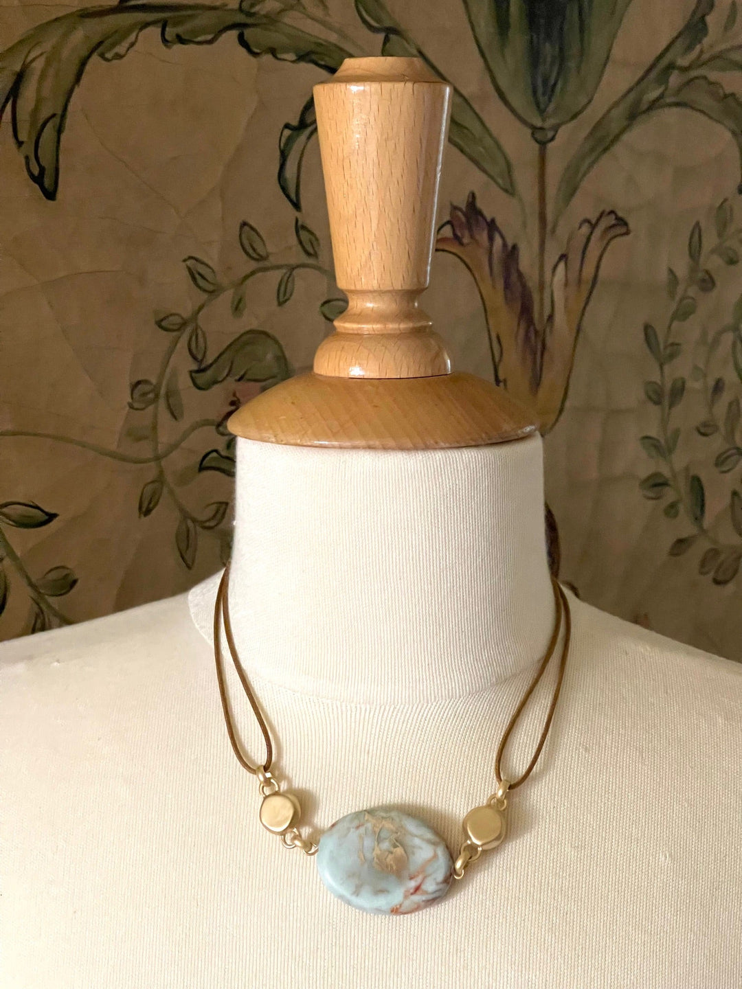 Large Blue Aqua Terra Jasper Center Stone Necklace On Linen with Matter Gold Nugget Accents