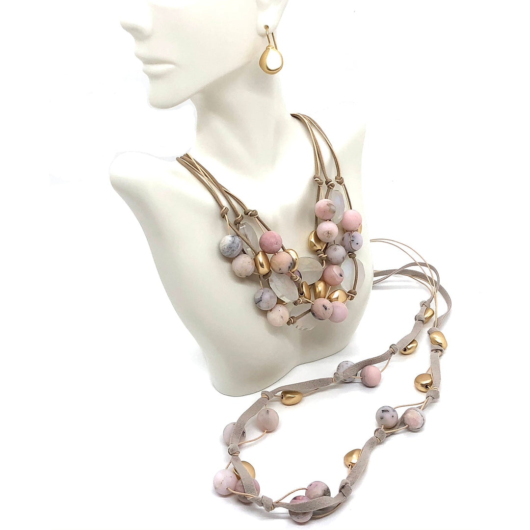 Matte Pink Opal With Matte White Oval Crystal And Matte Gold Beads Putty Leather And Natural Linen 3 Strand Torsade Style Necklace And Layer Necklace