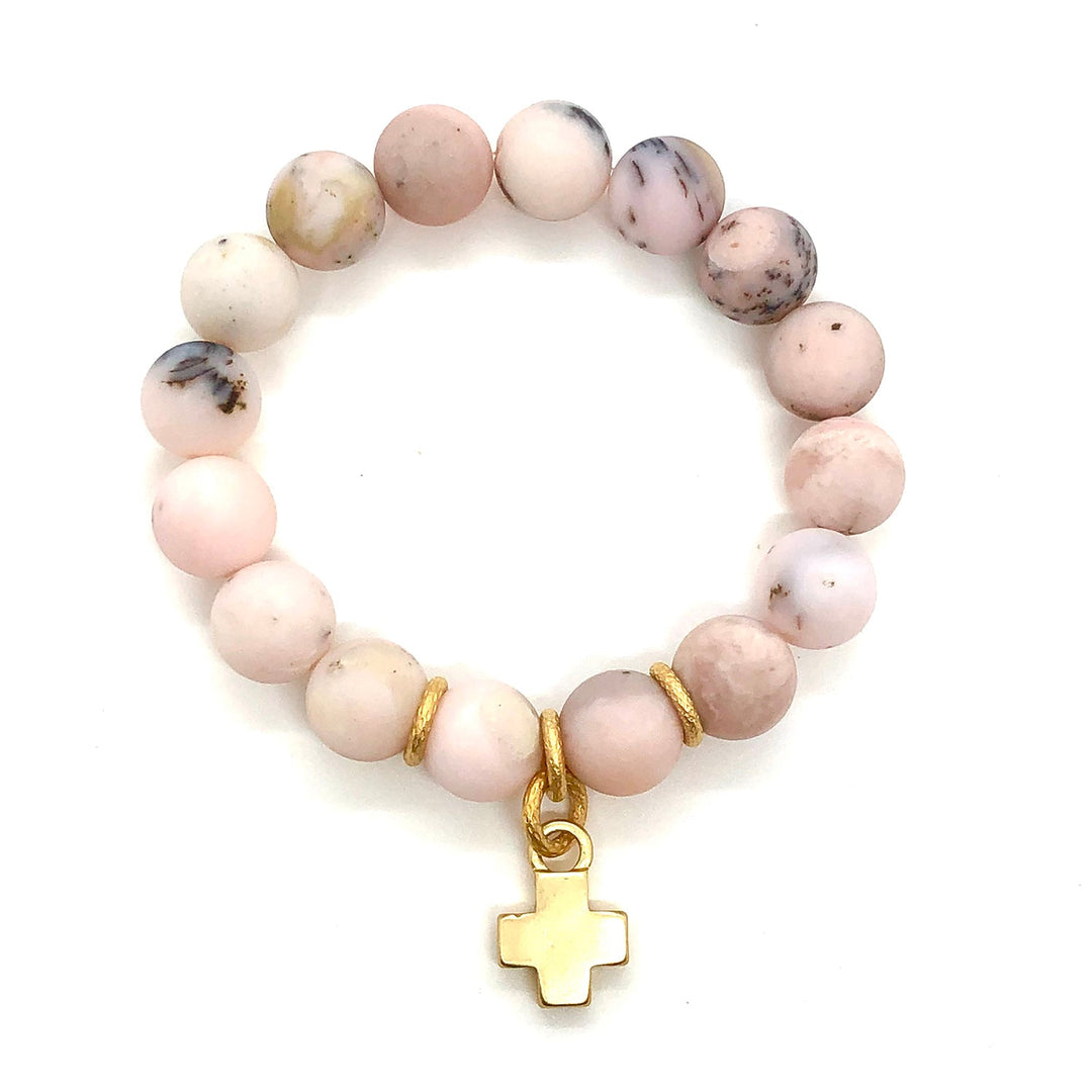 Matte Pink Opal Matte Gold Cross Charm Stretch Bracelet