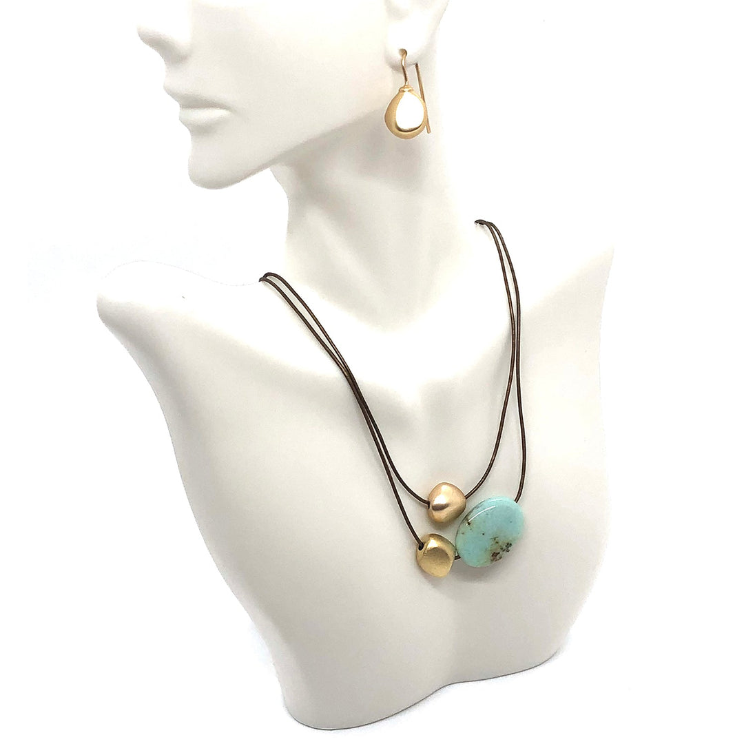 Adventurine Oval With Matte Gold Bead Graduated Putty Leather Necklace