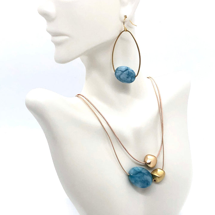 Blue Larimar Oval With Matte Gold Bead Graduated Putty Leather Necklace