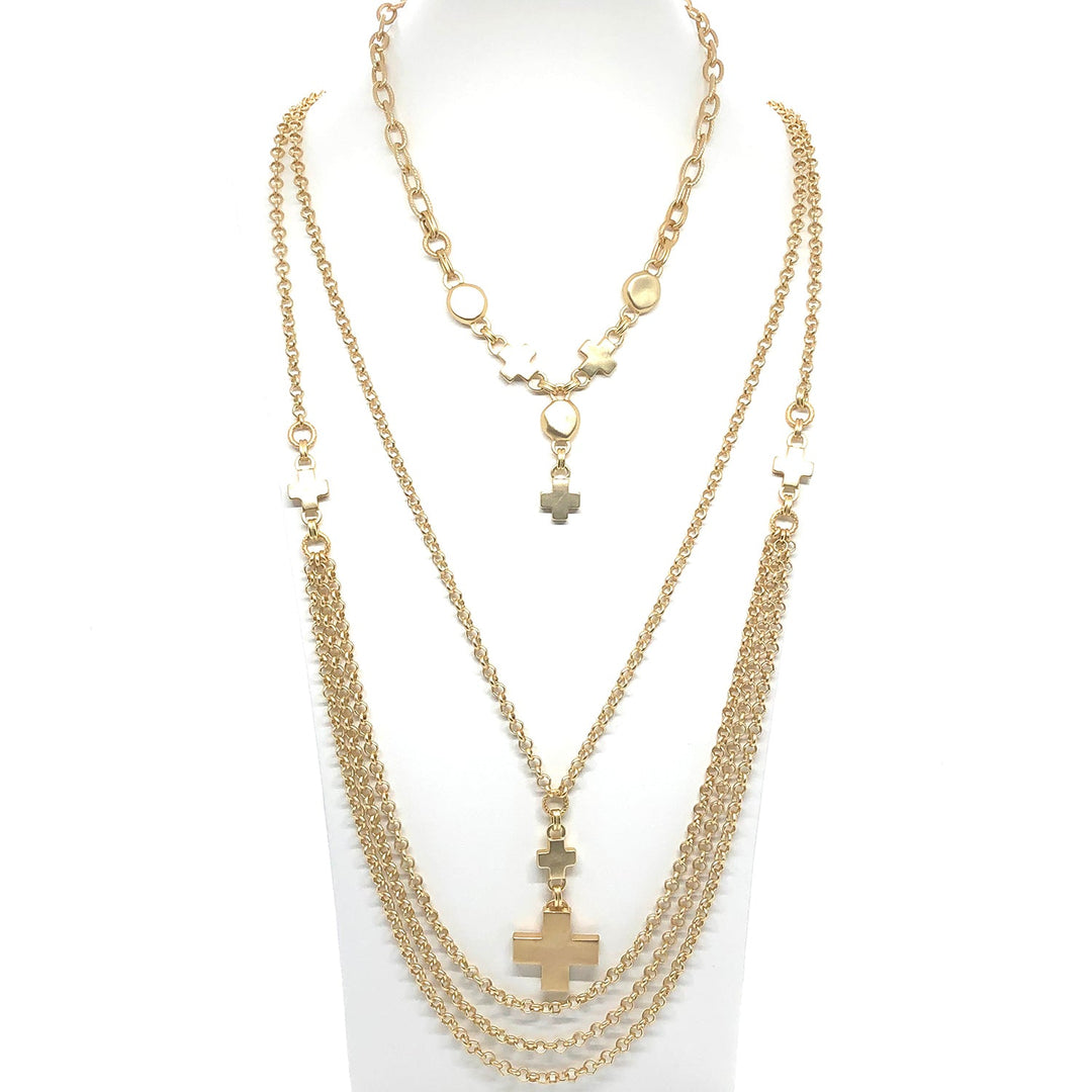 Matte Gold Cross Bead Y Necklace