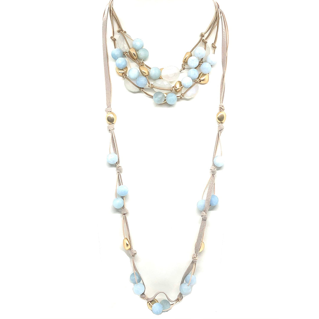 Matte Aquamarine With Matte White Oval Crystal And Matte Gold Beads Putty Leather And Natural Linen 3 Strand Torsade Style Necklace And Suede Layer Necklace