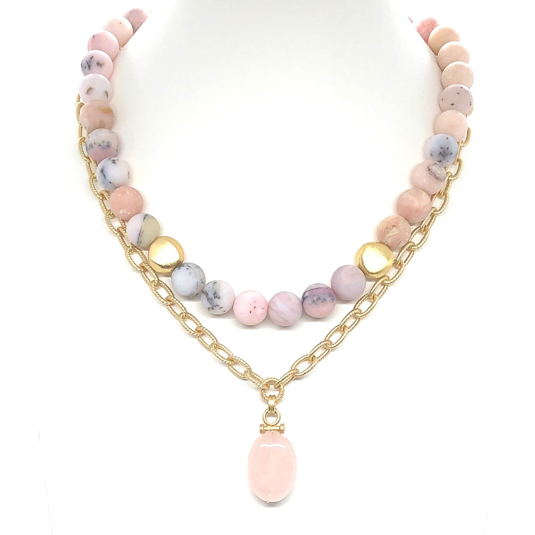 Matte Pink Opal And Rose Quartz Pendant Chain Necklace