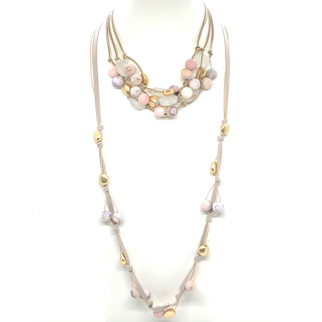 Matte Pink Opal With Matte White Oval Crystal And Matte Gold Beads Putty Leather And Natural Linen 3 Strand Torsade Style Necklace And Layer Necklace