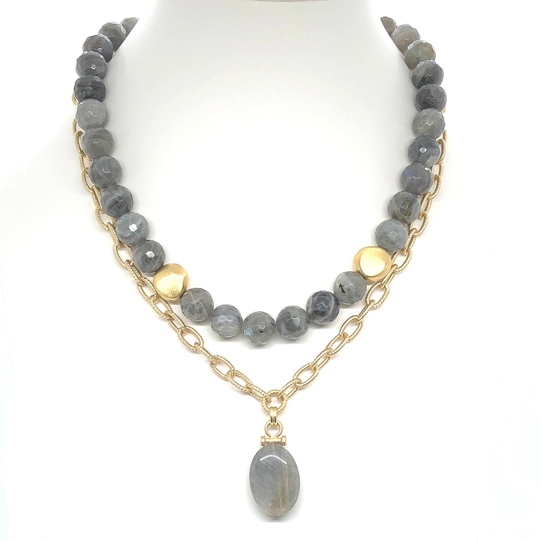 Natural Labradorite Matte Gold Chain Natural Labradorite Pendant Necklace