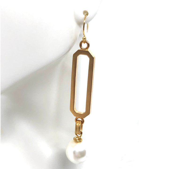 Paperclip White Pearl Drop Matte Gold Earrings