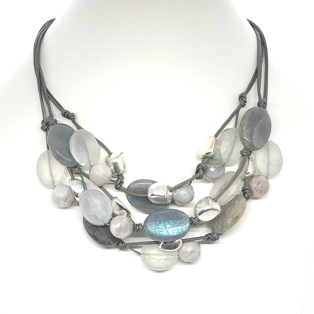 Natural Labradorite Oval With Matte White Oval Crystal And Matte Silver Bead Toursade Necklace