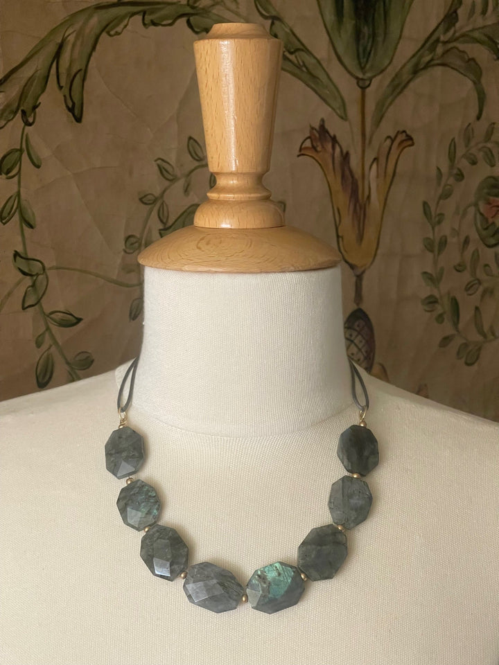 Natural Labradorite on Grey Linen Necklace