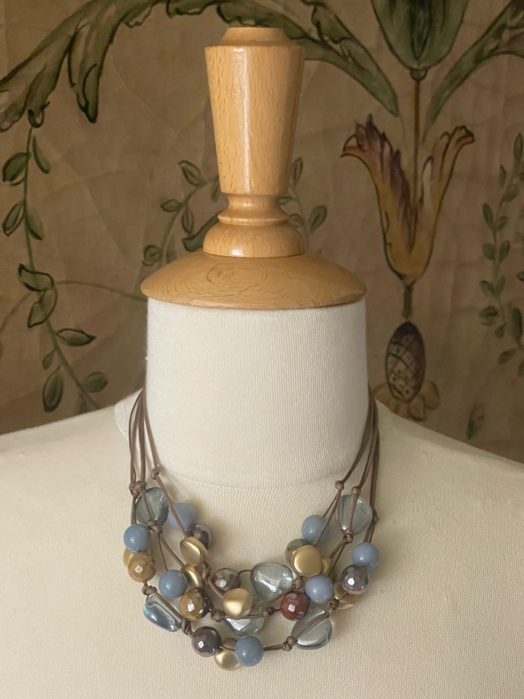 Blue Pressed Glass, Mookaite Gold Nugget Bronze Linen and Leather Torsade Necklace