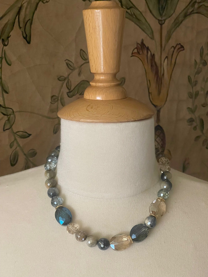 Blue Cream Tigers Eye With Blue And Champagne Crystal Accents Necklace