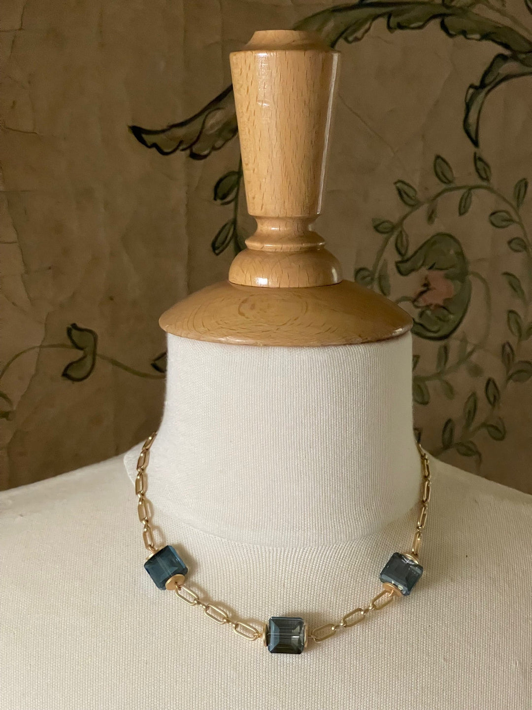 Square Blue Crystals On Matte Gold Chain Necklace