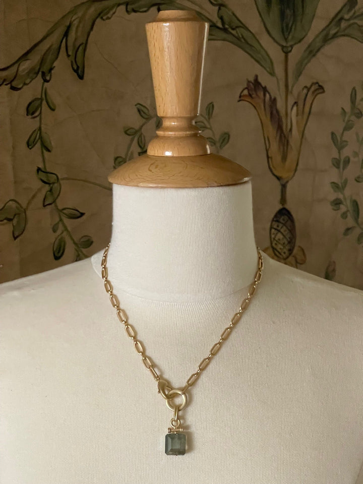 Square Olive Crystal Front Closure Necklace On Matte Gold Chain