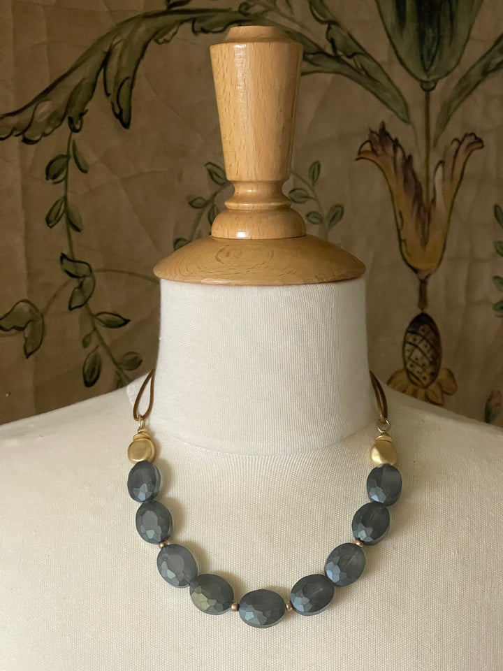 Matte Olive Crystal and Flat Matte Gold Nugget Necklace on Bronze Linen