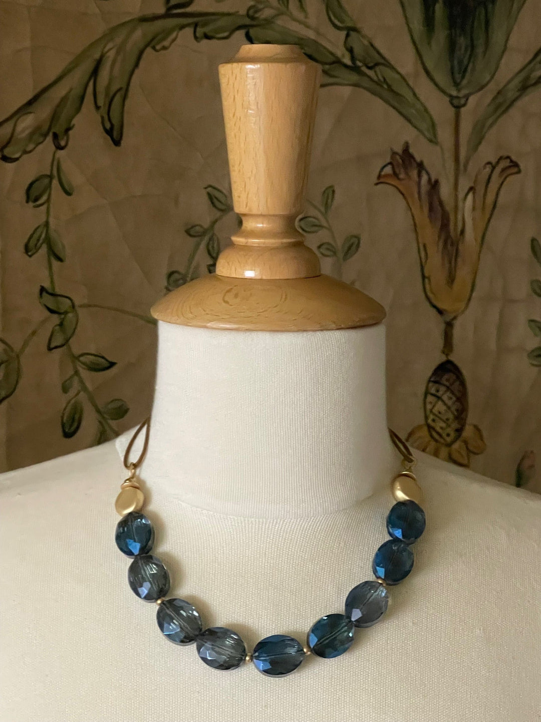 Blue Crystal and Flat Matte Gold Nugget Necklace on Bronze Linen