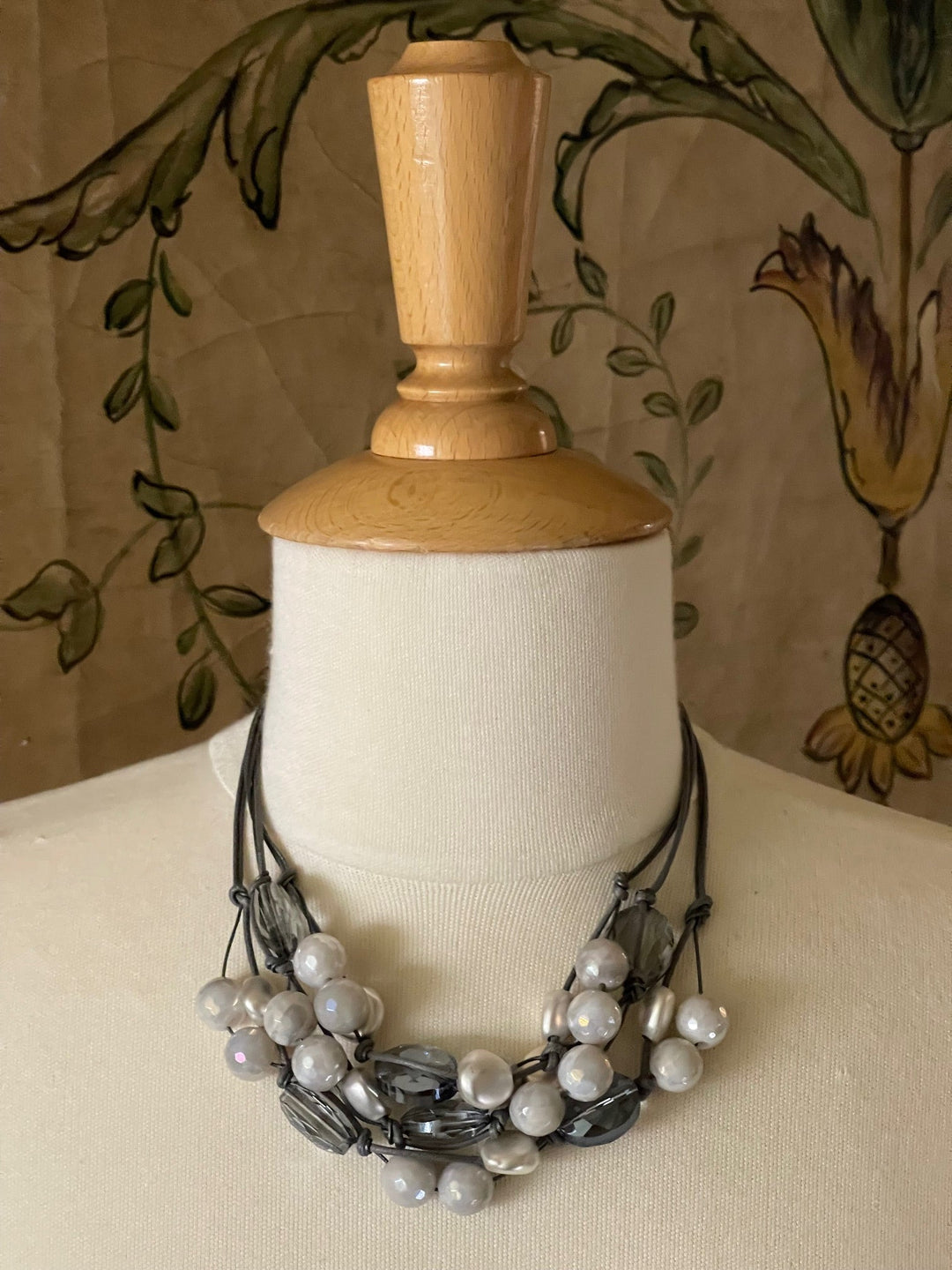 Snowflake Agate Gray Crystal, and Matte Silver Gray Leather And Linen Torsade Necklace