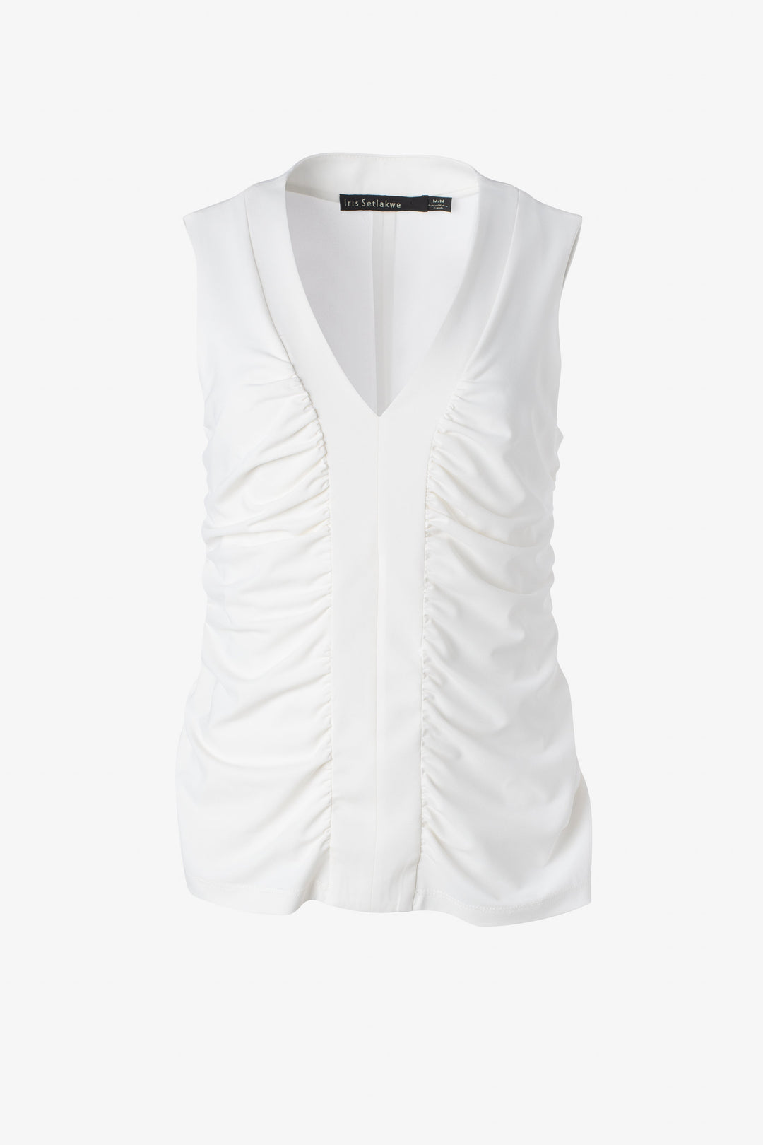 Sleeveless v neck top with roushing