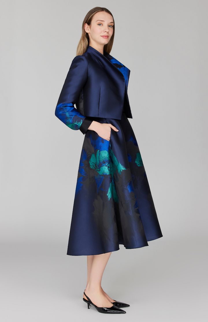 Watercolor Floral Jacquard Short Jacket w/ Pleat Sleeve