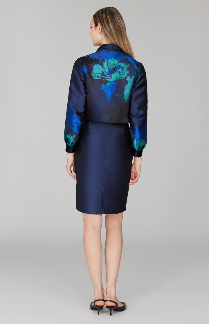Watercolor Floral Jacquard Short Jacket w/ Pleat Sleeve