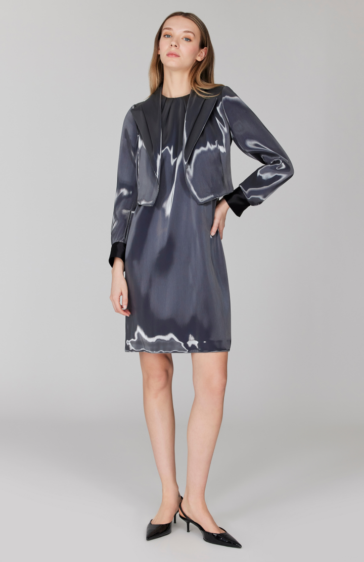 PREORDER Liquid Organza Shift Dress w/ Pleat Neck 4 / Charcoal XN PREORDER Liquid Organza Shift Dress w/ Pleat Neck 4 / Charcoal XN