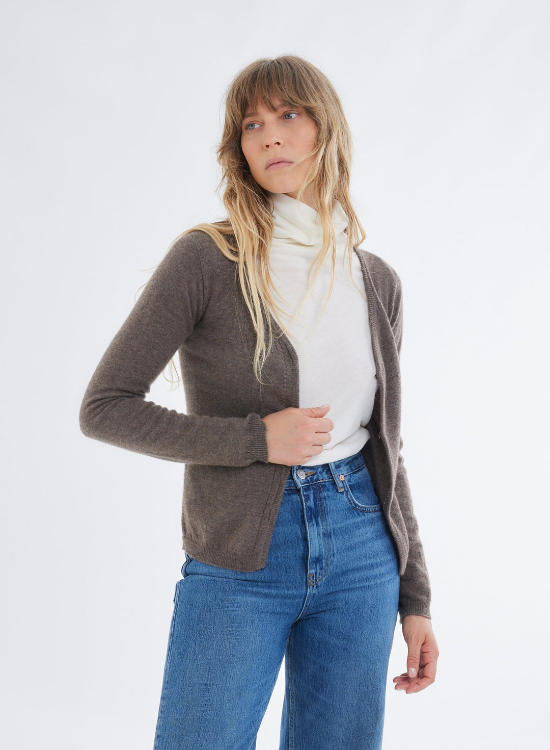 Cashmere Wool Laser Cut V-Neck Cardigan