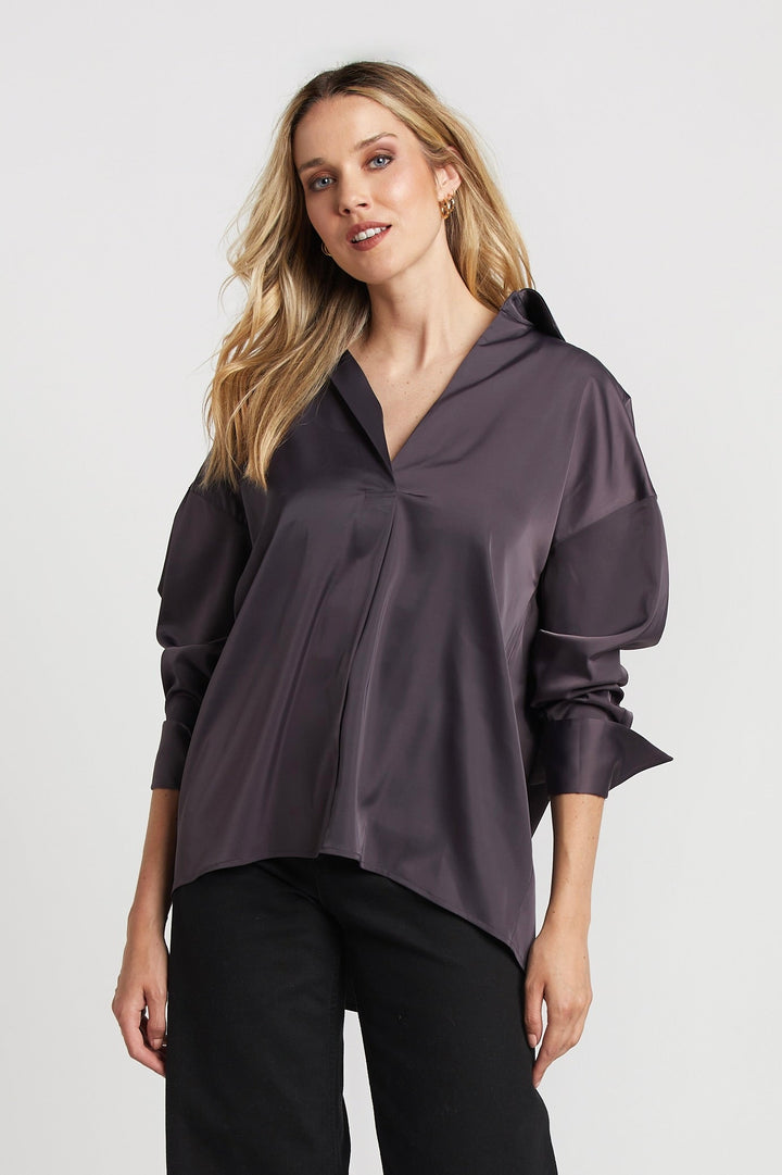 Kay Popover Satin Blouse w/ Long Cuffs