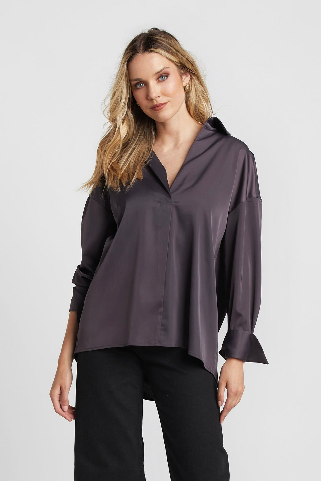 Kay Popover Satin Blouse w/ Long Cuffs