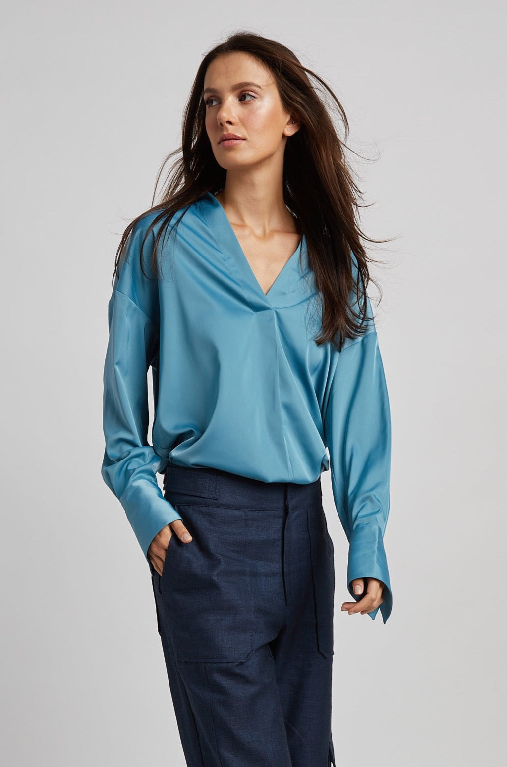 Kay Popover Satin Blouse W/ Long Cuffs