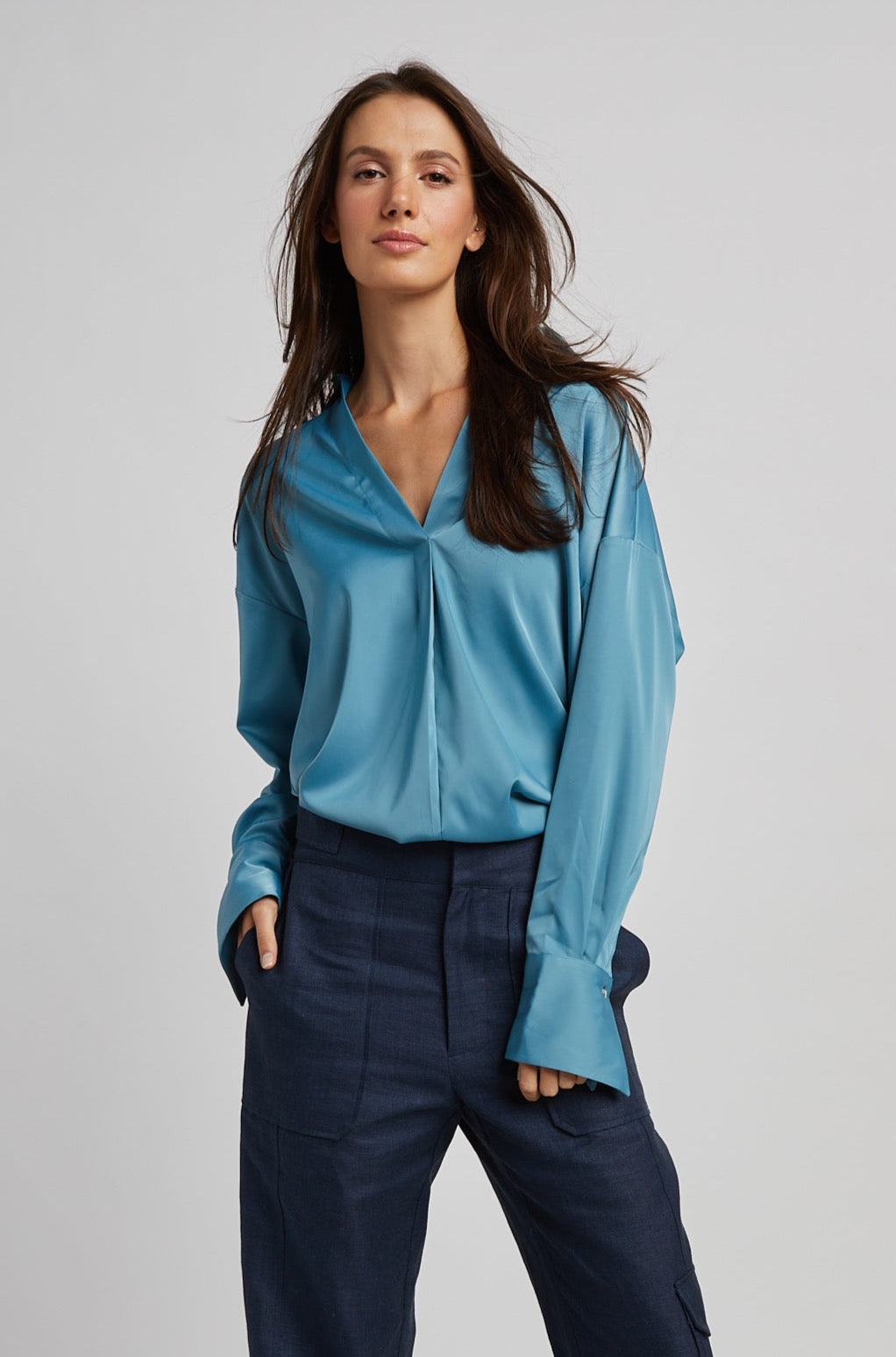 Kay Popover Satin Blouse W/ Long Cuffs