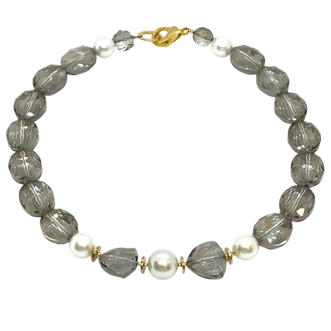 Light Smoke Topaz Crystal and White Pearl Accent Necklace