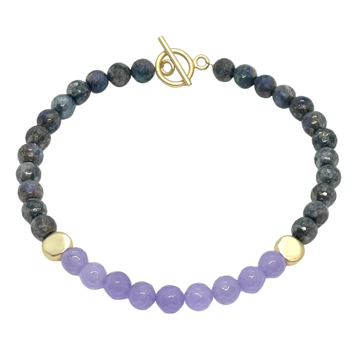 Lavakite With Lavender Jade Front And Matte Gold Bead Accent Necklace