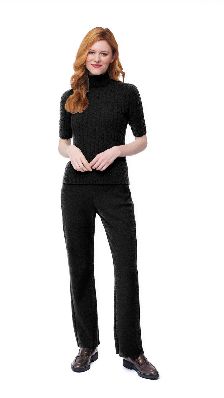 Lea Short Sleeved Cable-Knit Turtleneck, Black