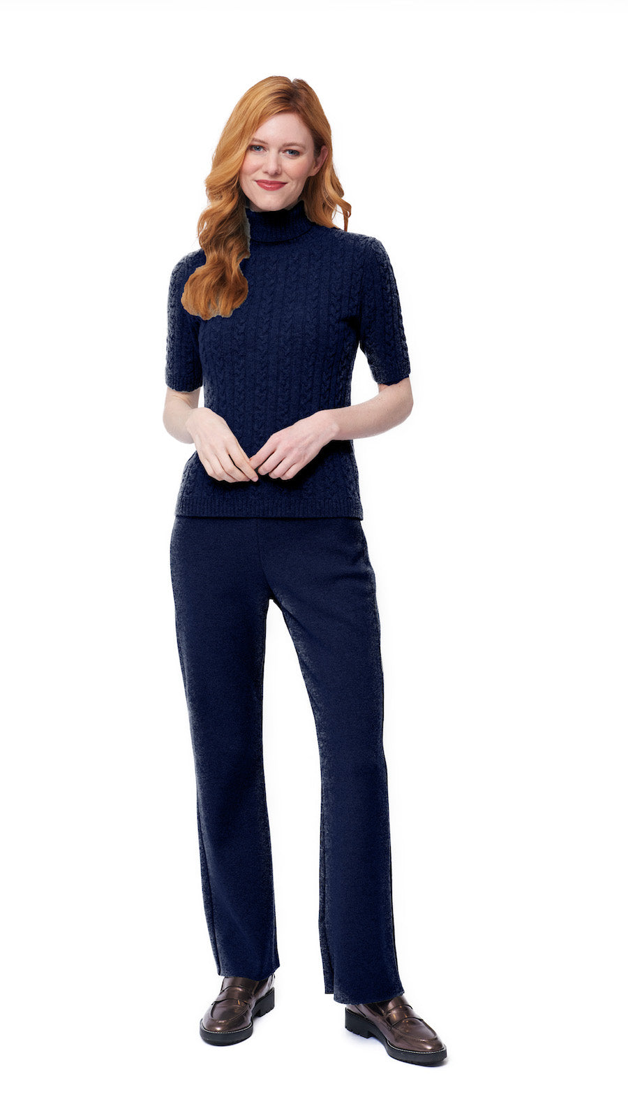 Lea Short Sleeved Cable-Knit Turtleneck, Thunder Navy