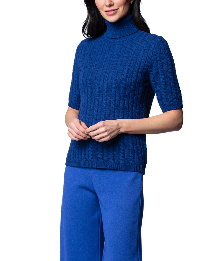 Lilly Short Sleeved Cable-Knit Turtleneck, Dark Royal Blue