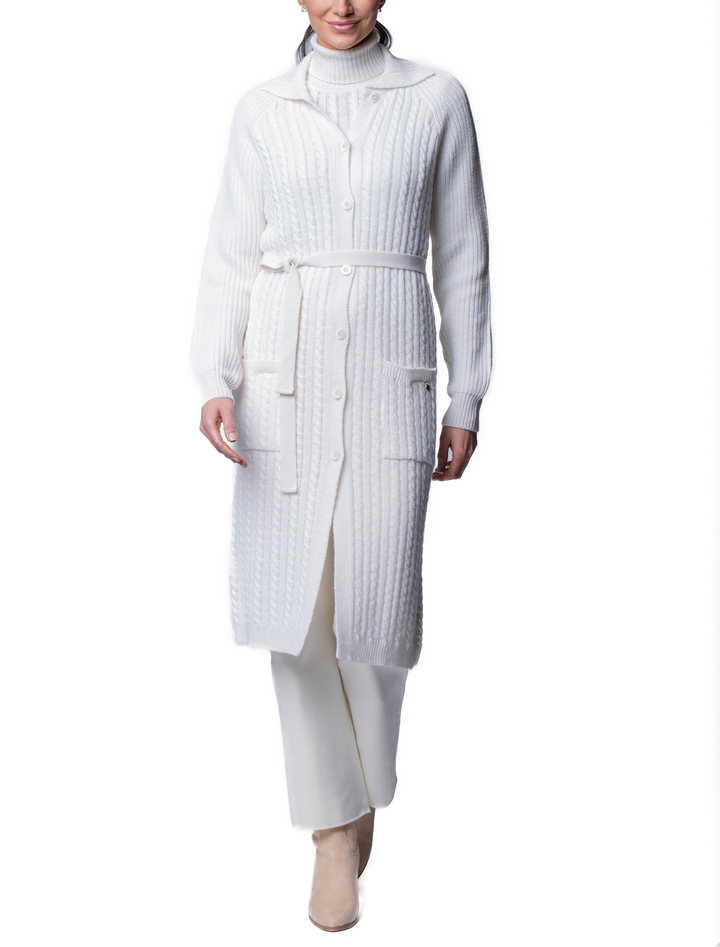 Layla Cable-Knit Belted Coat ; Winter White