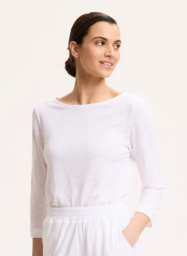 Stretch Linen Three Quarter Sleeve Boatneck T-Shirt