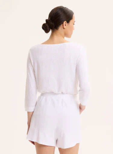Stretch Linen Three Quarter Sleeve Boatneck T-Shirt