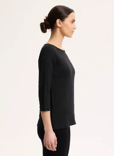Stretch Linen Three Quarter Sleeve Boatneck T-Shirt