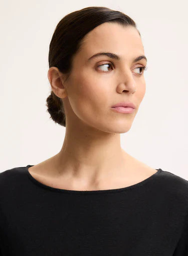 Stretch Linen Three Quarter Sleeve Boatneck T-Shirt