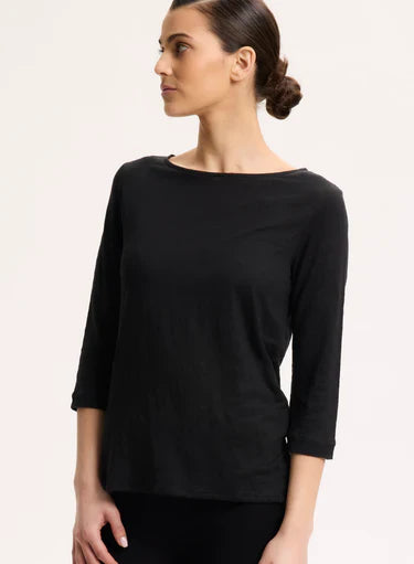 Stretch Linen Three Quarter Sleeve Boatneck T-Shirt