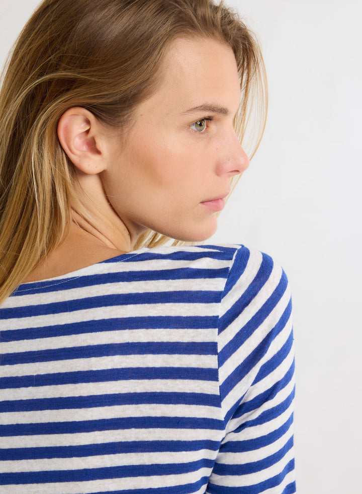 Stretch Linen Stripe Three Quarter Sleeve Boatneck T-Shirt