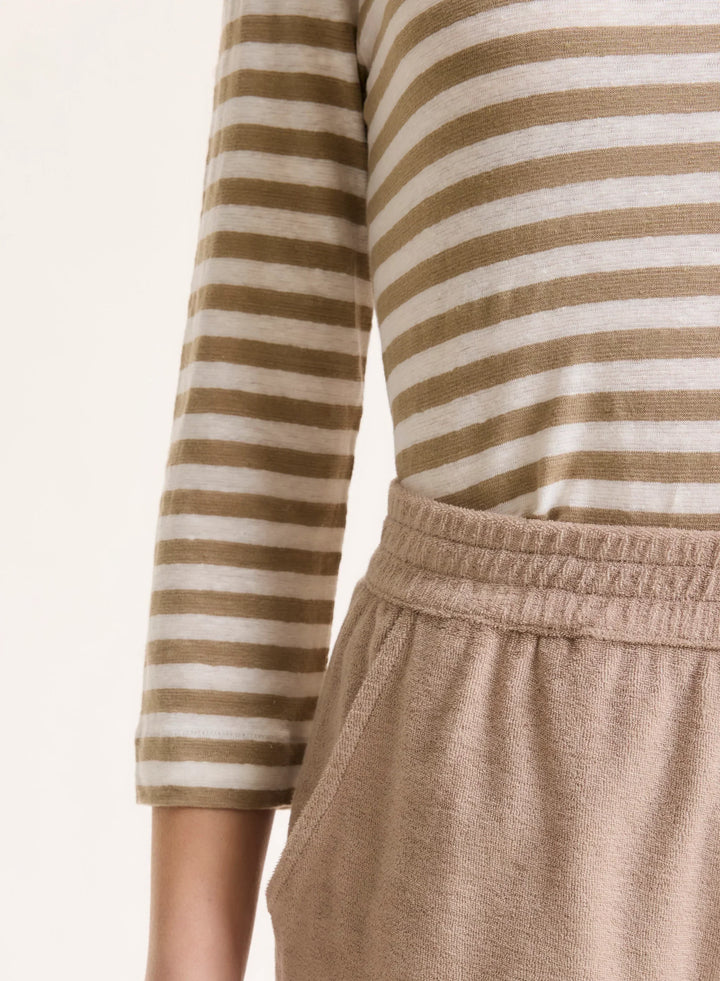 Stretch Linen Stripe Three Quarter Sleeve Boatneck T-Shirt
