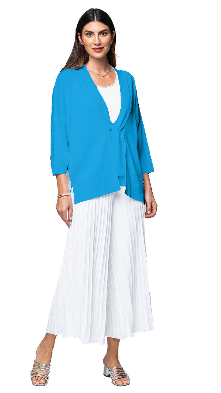 Malia Three-Quarter Sleeved Front-Tie Cardigan; Turquoise