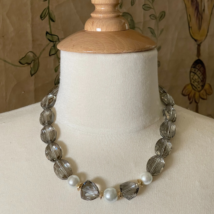 Light Smoke Topaz Crystal and White Pearl Accent Necklace