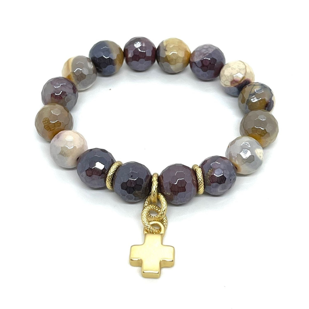 Mookatite Stretch Bracelet With Gold Cross Charm