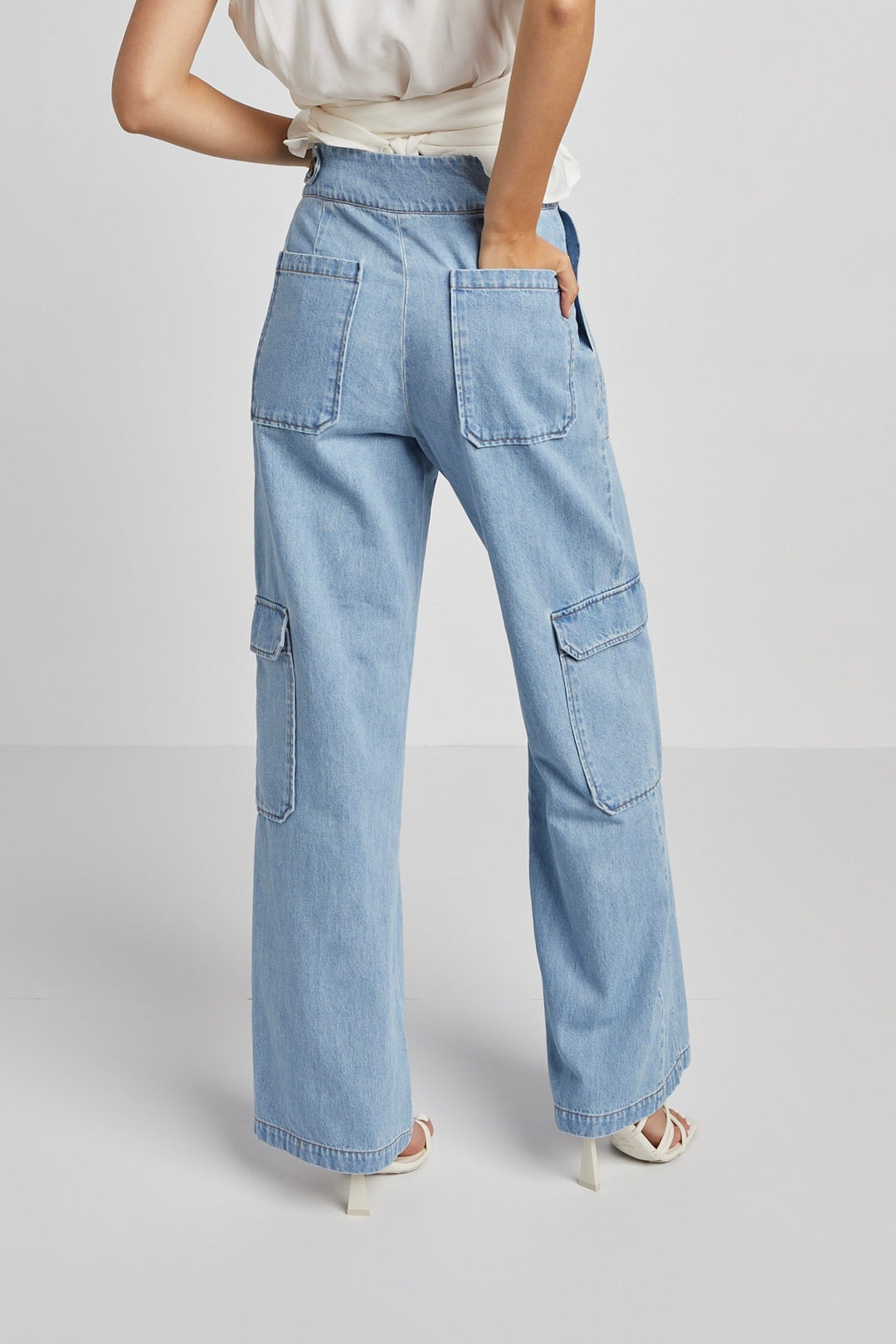 Nolan High Waisted Slightly Wide Leg Denim Cargo Pant